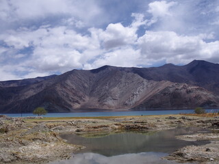 Fototapeta na wymiar Beautiful lake and magnificent blue skies and mountains, Pangong tso (Lake), Durbuk, Leh, Ladakh, Jammu and Kashmir, India