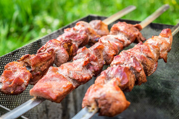 Hot shish kebab on metal skewers