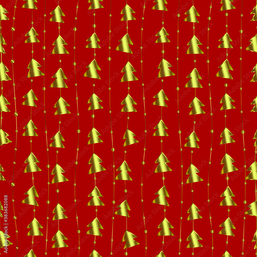 Aufkleber christmas pattern with golden tree on red background. seamless pattern with geometric christmas tree