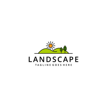 Illustration abstract Mountain modern landscape with tree and sun Vector logo design template
