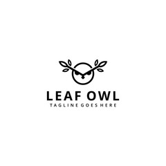 Creative owl bird animal silhouette with leaf logo design vector illustration emblem template