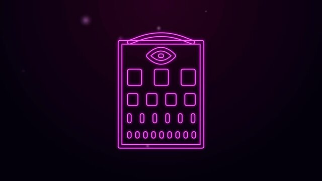 Glowing neon line Eye test chart icon isolated on black background. Poster for vision testing in ophthalmic study. Snellen chart. 4K Video motion graphic animation.