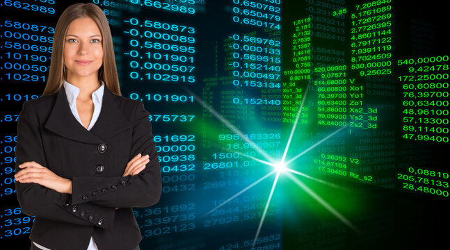 Businesswoman in a suit. Glowing figures