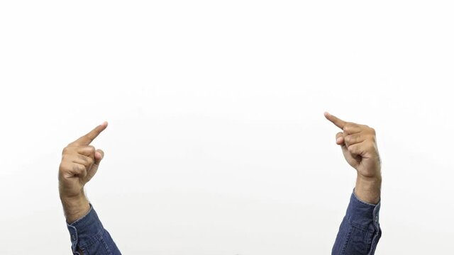 Close up of Man&rsquo;s hands pointing finger over head in middle isolated on white background. 4K Resolution.