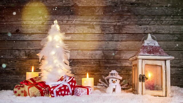Christmas Still Life with Defocused Lights and Snowflakes Falling. Super Slow Motion Filmed on High Speed Cinema Camera at 1000 fps.