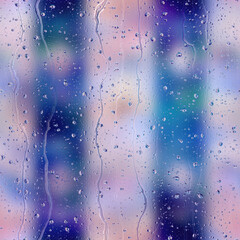 Seamless rain drop water repeat pattern on blur. High quality illustration. Realistic digital render of water droplets and drips on a blurred out pattern background. Pure water with light refraction.