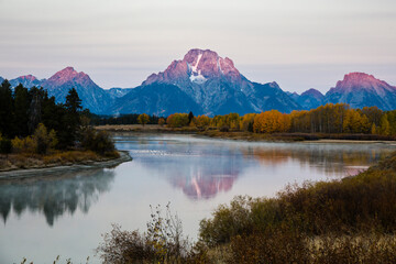 Beautiful landscape of Oxbow Bend with the fall colors in Grand Teton National Park (Wyoming).