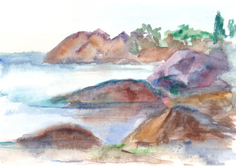 seascape watercolor landscape with rocks and trees