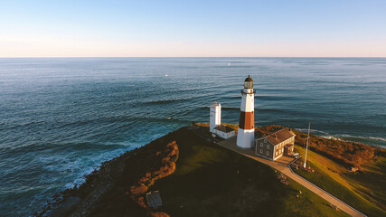 Aerial  Montauk Lighthouse Museum by the Atlantic,  Montauk Point Light at the easternmost point of...