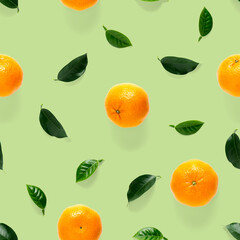 Mandarine seamless pattern, tangerine, clementine isolated on green background with green leaves. Collection of fine seamless patterns.