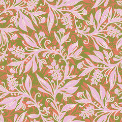 Fototapeta na wymiar Floral seamless pattern with leaves and berries in coral, pink and chartreuse green colors, hand-drawn and digitized. Design for wallpaper, textile, fabric, wrapping, background.
