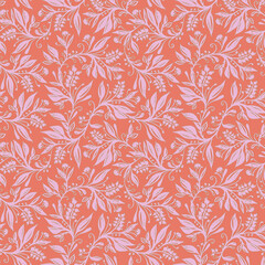 Floral seamless pattern with leaves and berries in coral, pink and green colors, hand-drawn and digitized. Design for wallpaper, textile, fabric, wrapping, background.