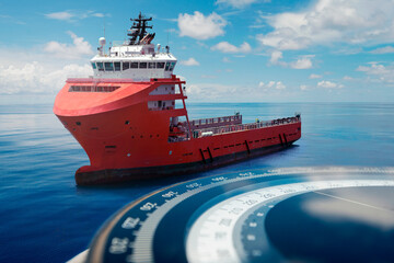 Compass and offshore supply ship, vessel, boat blue summer sea ocean day with bright sky.