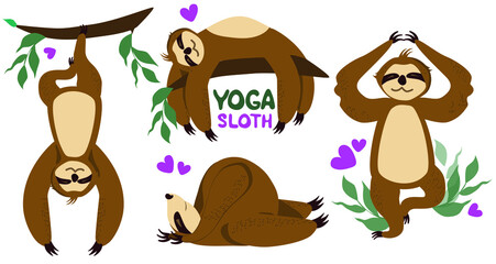 Set Sloth yoga. Different poses. Sloths isolated on white background. Vector graphics. 
Cartoon style
