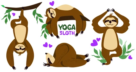 Fototapete Affe Set Sloth yoga. Different poses. Sloths isolated on white background. Vector graphics.  Cartoon style