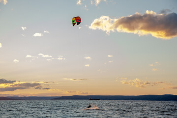 Vladivostok, Primorsky Krai/ Russia-September 28th, 2015: Skydiving during the sunset on Vladivostok seaside 