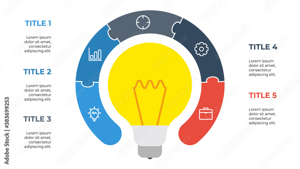 Poster 5 points circular puzzle infographic element vector with light bulb, cretive concept for steps, opti
