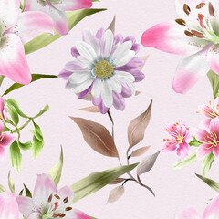 seamless pattern with beautiful blooming flower and leaves illustration