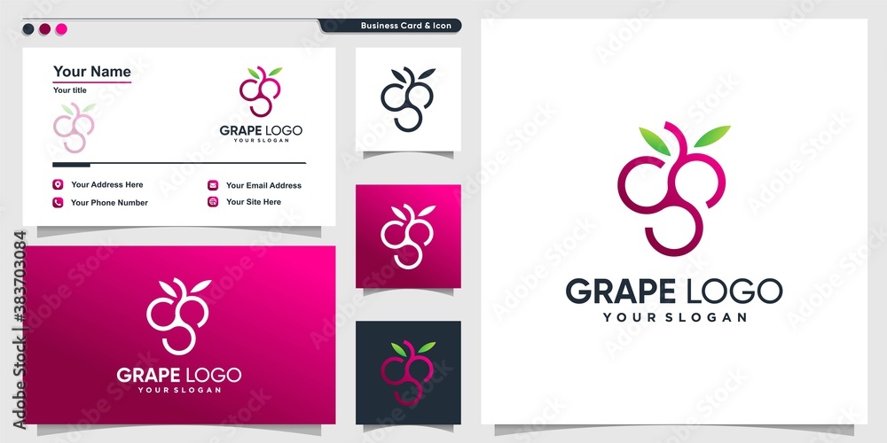 Poster grape logo with modern gradient outline style and business card design template premium vector