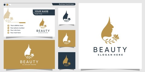 Beauty logo with woman face and flower style and business card design template Premium Vector