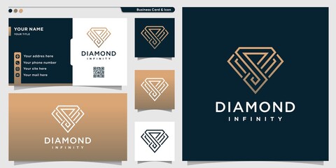 Diamond logo with golden infinity line art style and business card design template Premium Vector