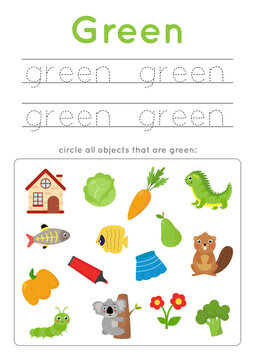 Learning green color for preschool kids. Writing practice.
