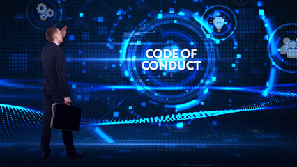 Business, technology, internet and network concept. Young businessman thinks over the steps for successful growth: Code of conduct