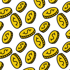 coins seamless doodle pattern, vector color illustration