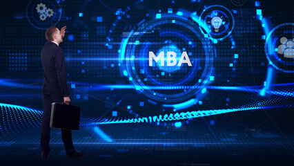 Business, technology, internet and network concept. Young businessman thinks over the steps for successful growth: MBA