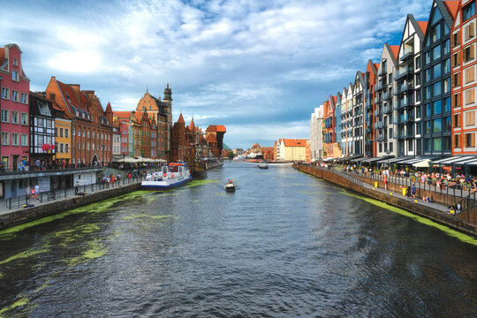 The Old Town of Gdańsk with the rebuilt Wyspa Spichrzow on the right. Poland. The photo was taken on August 20, 2020	