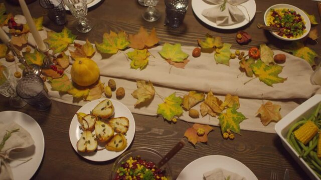 From Above View No People Shot Footage Of Wooden Dining Table Decorated For Thanksgiving Celebration