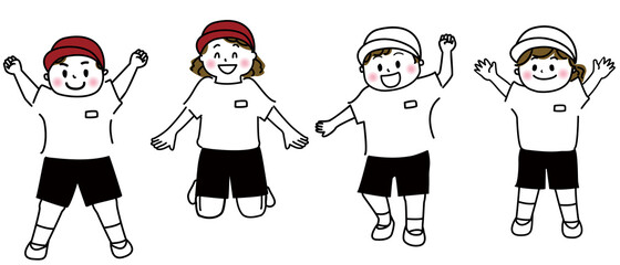 体操服で元気にジャンプする子供イラストIllustration of a child jumping vigorously in gym clothes