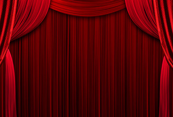 Red curtains theater scene stage backdrop. Curtain with space for copy. show background performance concert. Open red curtains with glitter opera or theater background. Empty scene with a red curtain. - obrazy, fototapety, plakaty