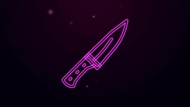 Glowing neon line Meat chopper icon isolated on black background. Butcher knife. Kitchen knife for meat. Butcher knife. 4K Video motion graphic animation.