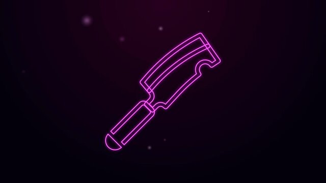 Glowing neon line Meat chopper icon isolated on black background. Butcher knife. Kitchen knife for meat. Butcher knife. 4K Video motion graphic animation.