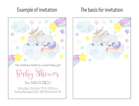 Invitation birthday unicorn, invitation party, happy birthday, baby shower. Watercolor funny unicorn. Сlouds, stars, rainbow. magic, fairy tale illustrations. Pastel colors