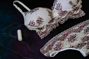 primer plano de ropa interior femenina bombacha y corpiño en su confección con hilos maquina de...