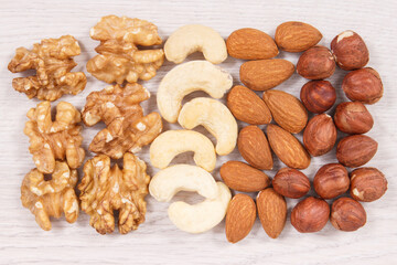 Various nuts and almonds containing healthy natural vitamins and minerals, nutritious eating