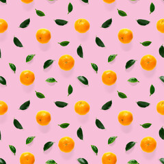 Mandarine seamless pattern, tangerine, clementine isolated on pink background with green leaves. Collection of fine seamless patterns.