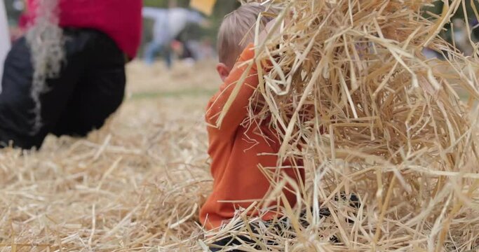 Young child playing in pile of hay during Fall