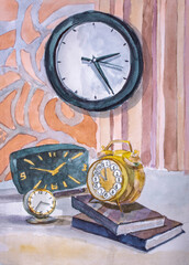 Children's watercolor drawing "Still life with a clock"