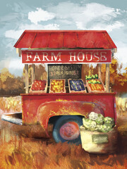 Red farm truck at the fall harvest fair - 383711444