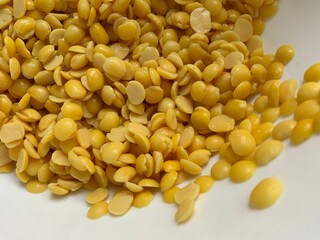 Flat lay of Split pigeon peas on an isolated white background