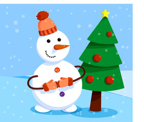 cheerful snowman stands in front of elegant New Year tree. Winter landscape and snowman. Meeting of Christmas and New Year. Winter fun. Cartoon vector