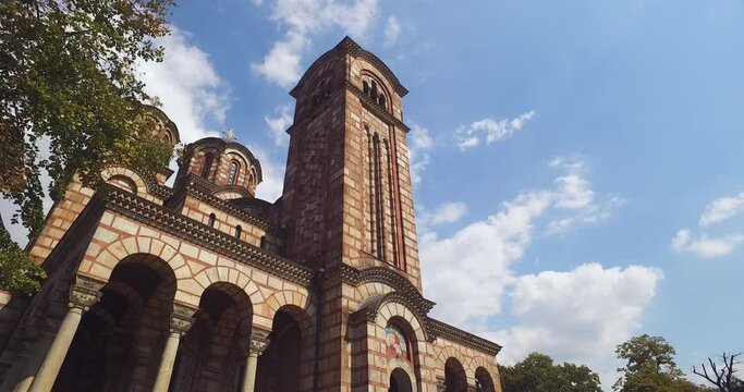 Crkva Svetog Marka aka St. Mark Orthodox Church, Downtown Belgrade City, Serbia. Stately Monument on Sunny Day, Cinematic Approach