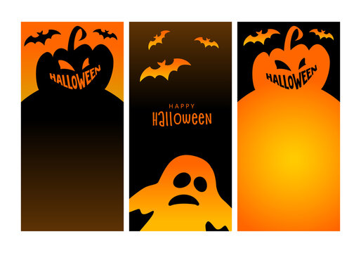Halloween vertical banners. Jack olantern, pumpkin and bat. Mobile display, stories sale templates social media, with copy space. Concept with smiling jack-o-lantern ahd text Happy Halloween.
