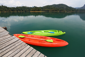 Colorful of Kayak on quiet lake at Khao Sok in SuratThani, Thailand