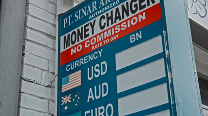 Street sign with courses will be hatched without exchange prices with the inscription Money changer