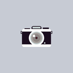 Retro photo camera with big lens cartoon flat vector illustration isolated.