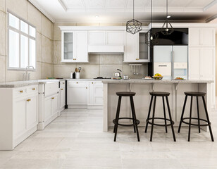 The sun shines through the clean and tidy kitchen with kitchen utensils and refrigerators